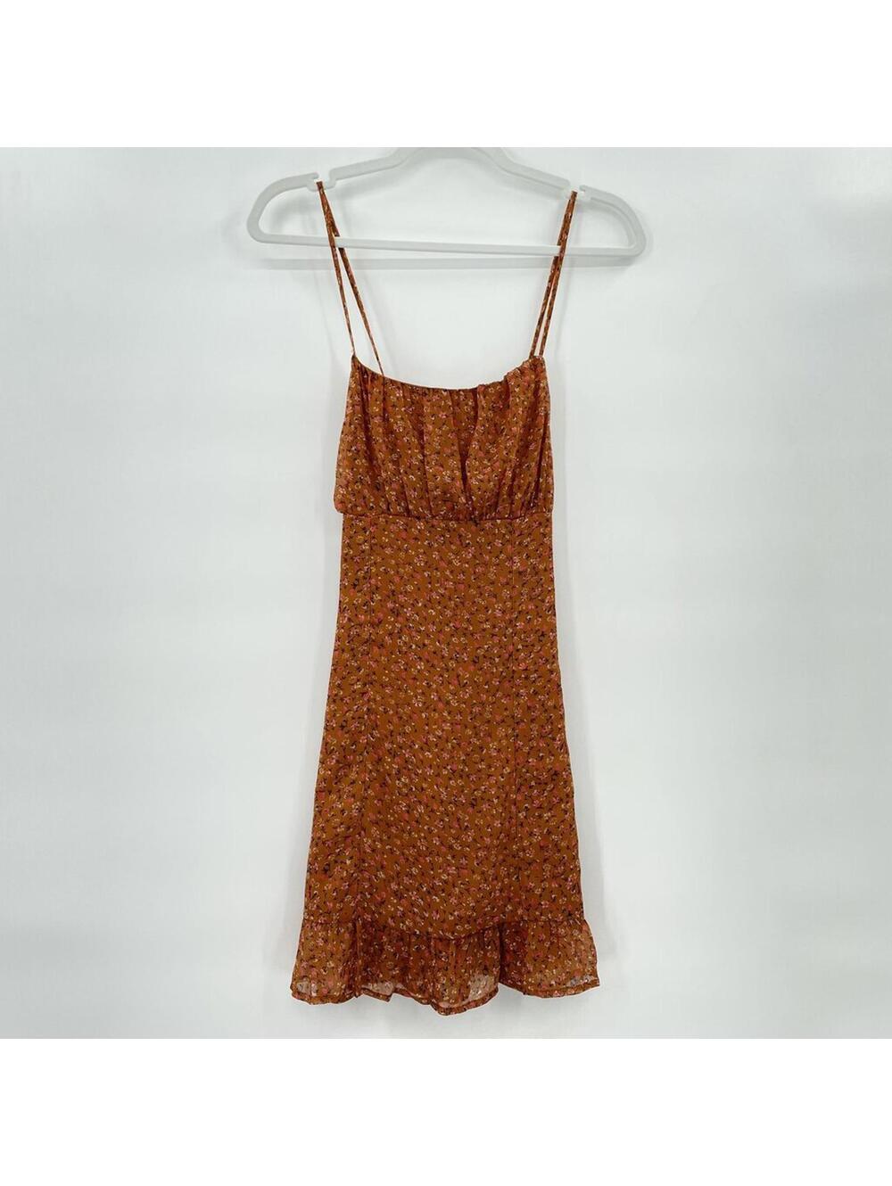 Women's Leith - Anthro Floral Mini Spaghetti Strap Burnt Orange Dress Small